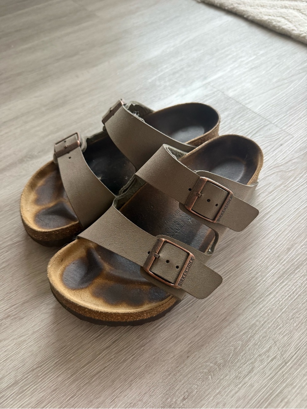 Birkenstock Two-Strap Sandals in Taupe Brown with Copper Buckles